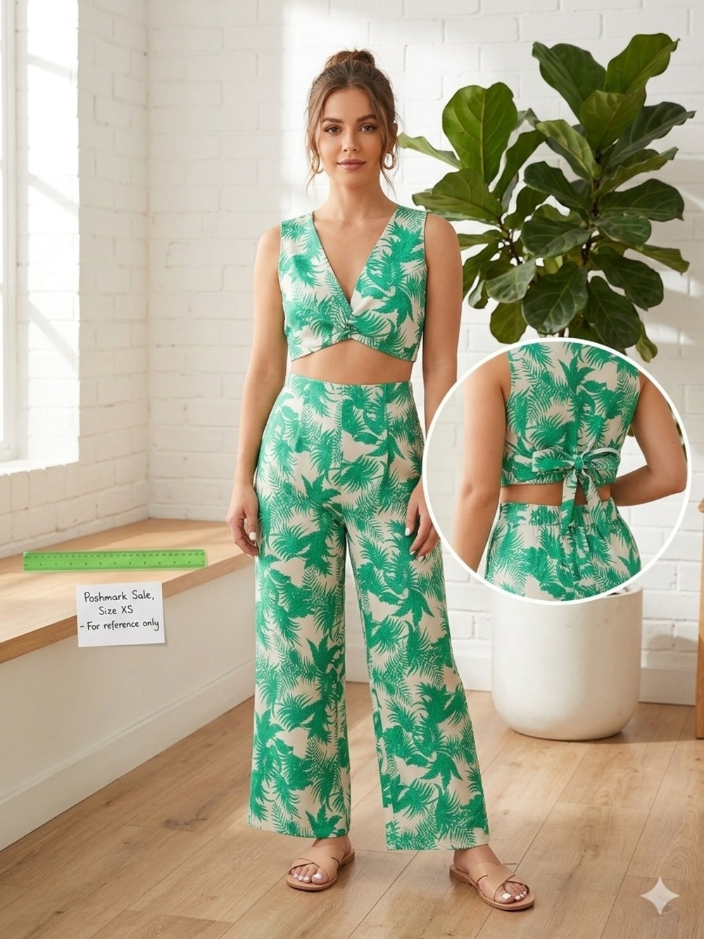 SHEIN Tropical Palm Leaf Two-Piece Set - Tie-Back Crop Top & Wide Leg Pants XS
